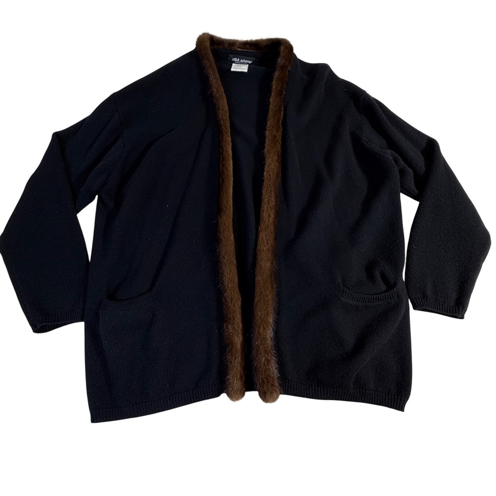 Aida Barni 100% Cashmere Cardigan Size L Black Genuine Fur Trim Italy